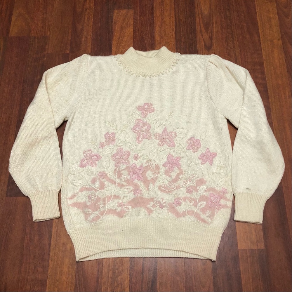 white knit pearl and floral sweater